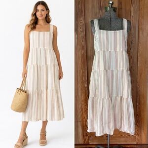 Madewell Button-Back Tiered Midi Dress in Textural Rainbow Stripe Cotton Sz 8💛